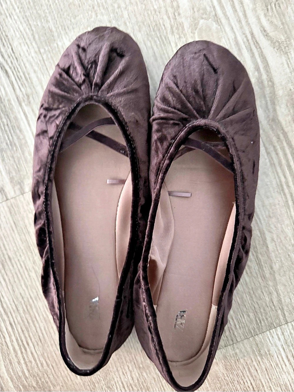 Zara Brown Velvet Strappy Ballerina Flats Shoes Size 8 EU 29
